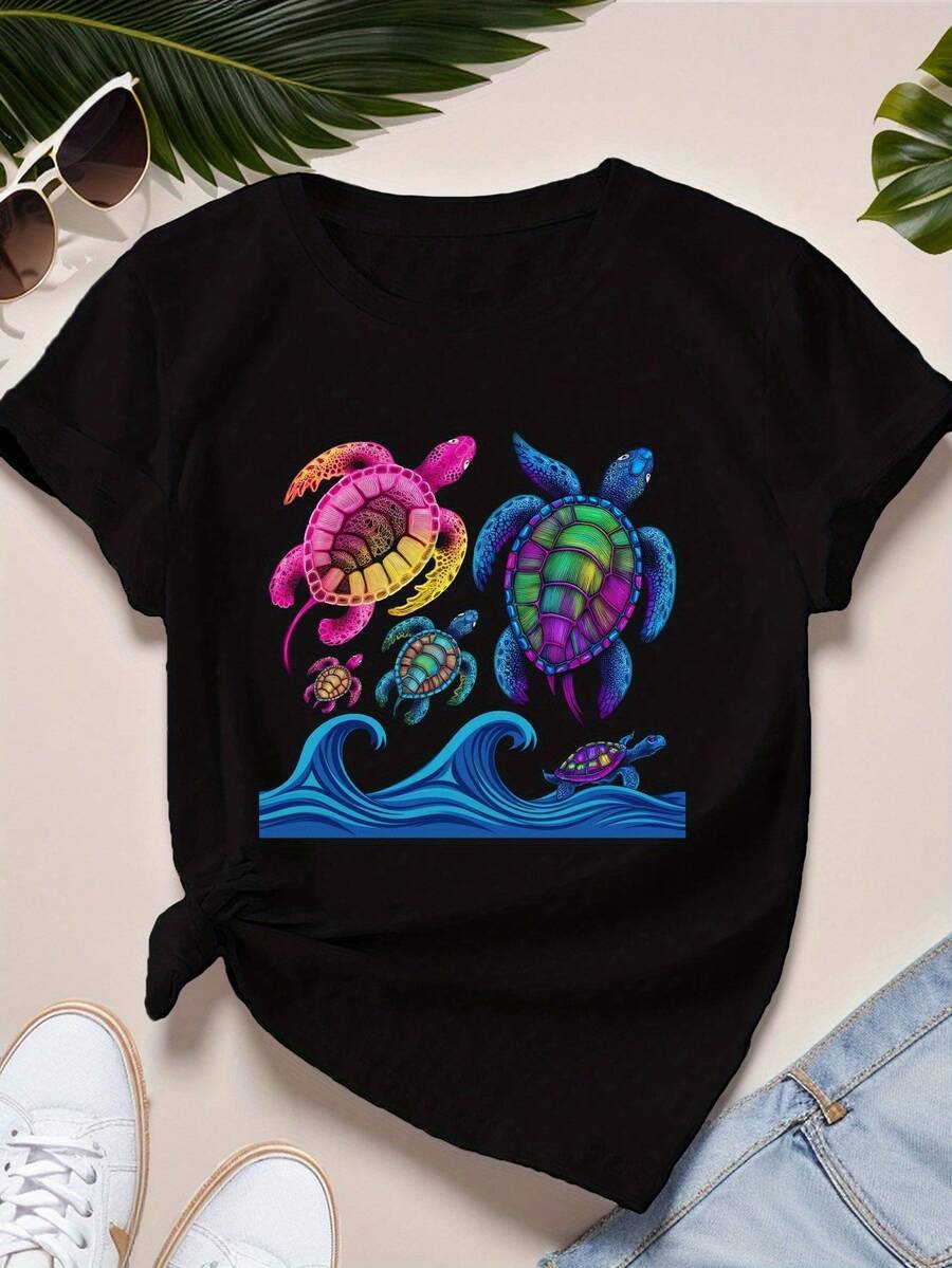 Camisetas deportivas de manga corta para mujer con estampado psicodélico de tortugas. - Negro - Ver 1
