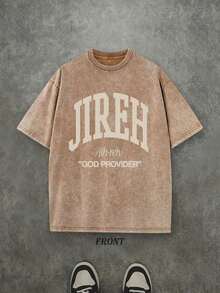 Camiseta Retro Lavada con Estampado a una Cara (Camiseta de 230 g de Algodón Puro) con Estampado de Letras y Patrones 'JIREH GOD PROVIDER', Regalo Cristiano, Camiseta para Hombre, Camisa Casual para Hombre, Camiseta Cómoda y a la Moda, Estilo Urbano de Algodón - Café integral - Ver 1