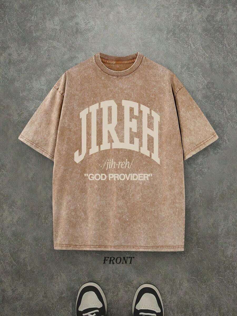Camiseta Retro Lavada con Estampado a una Cara (Camiseta de 230 g de Algodón Puro) con Estampado de Letras y Patrones 'JIREH GOD PROVIDER', Regalo Cristiano, Camiseta para Hombre, Camisa Casual para Hombre, Camiseta Cómoda y a la Moda, Estilo Urbano de Algodón - Café integral - Ver 1