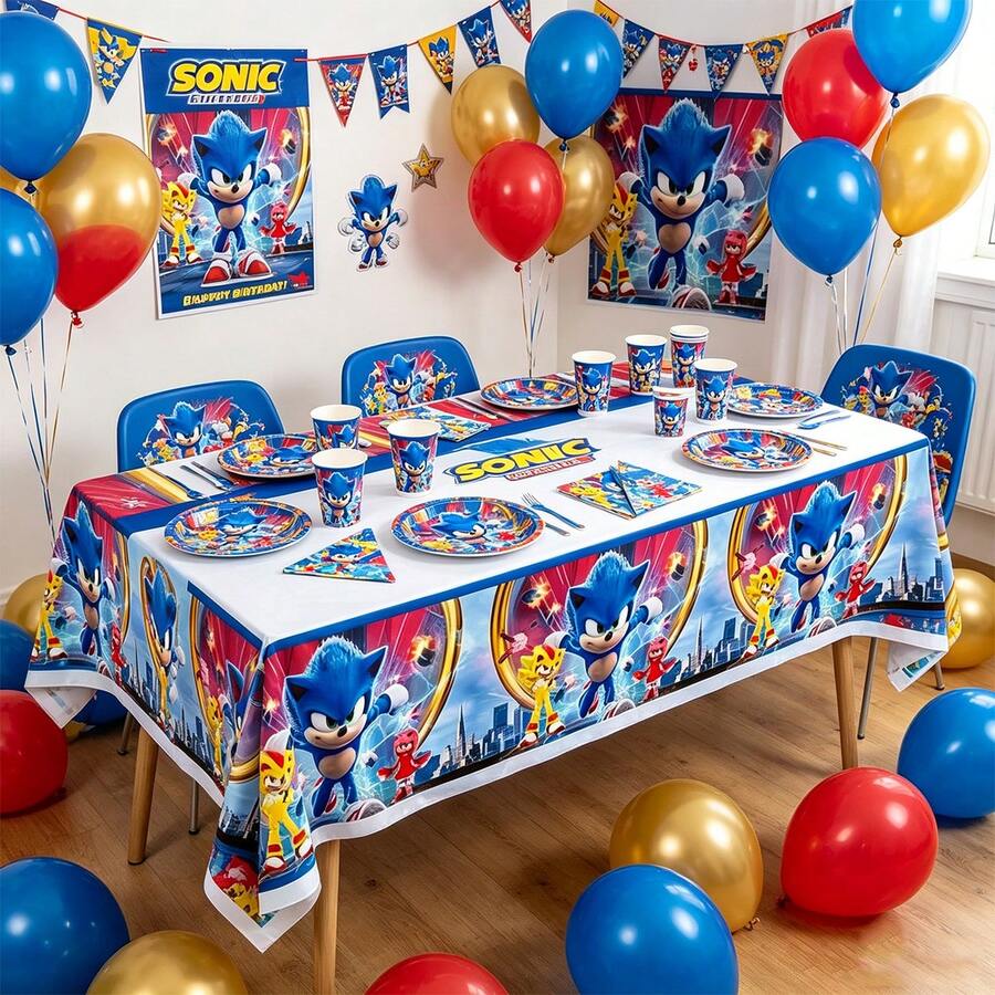 Sega 卡通索尼克桌布,动漫主题派对用品,一次性卡通桌布派对礼品,卡通刺猬图案生日派对装饰 - 彩色 - 查看 1