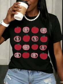 Camiseta de Verano Fresca con Estampado de Tomate, Camiseta Casual de Verano para Mujer, Camiseta Gráfica con Diseño de Fruta, Top de Manga Corta, Atuendo de Moda para Uso Diario - Negro - Ver 7