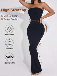 Vestido largo de fiesta elegante de unicolor sin tirantes que ciñe la cintura, color rosa - Negro - Ver 3