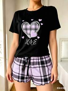 Playera de Manga Corta con Estampado de Corazones y Cuadros - Estilo Urbano Casual para Mujer - azul y negro - Ver 2