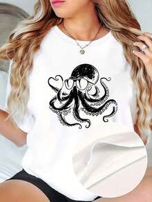 Women's Short-Sleeved T-Shirt, 100% Cotton, With A Stylish Minimalist Octopus Design Wearing Glasses, Perfect For Casual Sportswear, Ideal For Comfortable Summer Outfits During Vacation. - 白色 - 查看 7