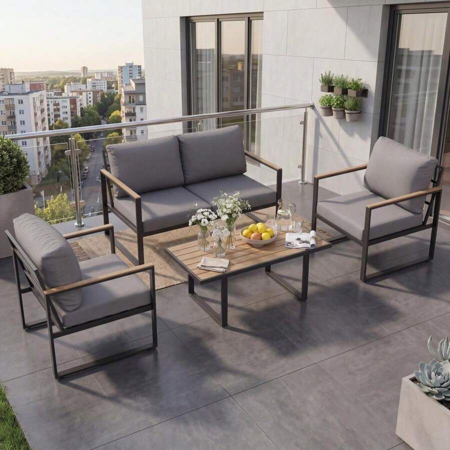 4 Piece Patio Conversation Set, Weather Resistant Outdoor Furniture Set With Coffee Table & Thick Cushioned Seating For Deck, Porch, Balcony & Backyard - Grey - 查看 1