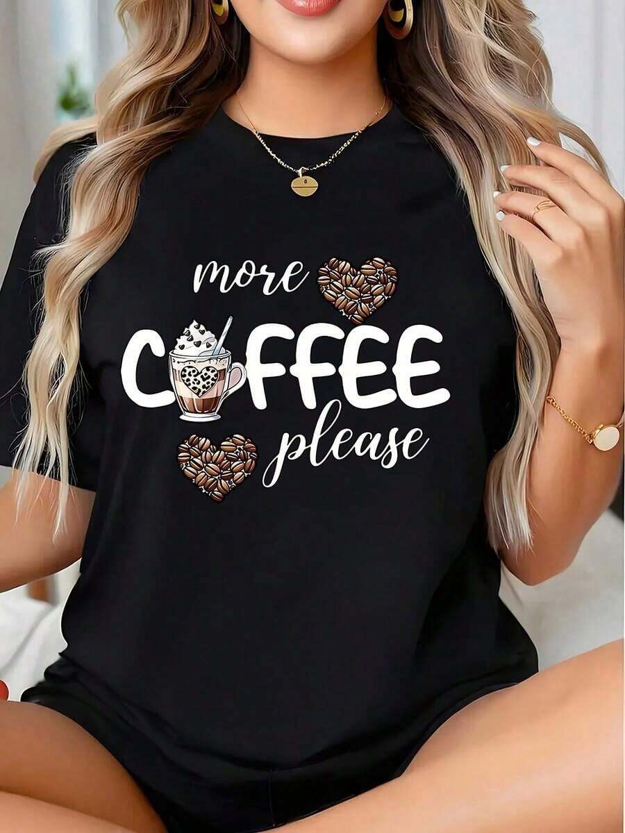 Camiseta Gráfica "Más Café Por Favor" con Diseño de Taza de Café y Corazones de Granos para Amantes del Café, Ropa Casual, Blusas para Mujer - Negro - Ver 1