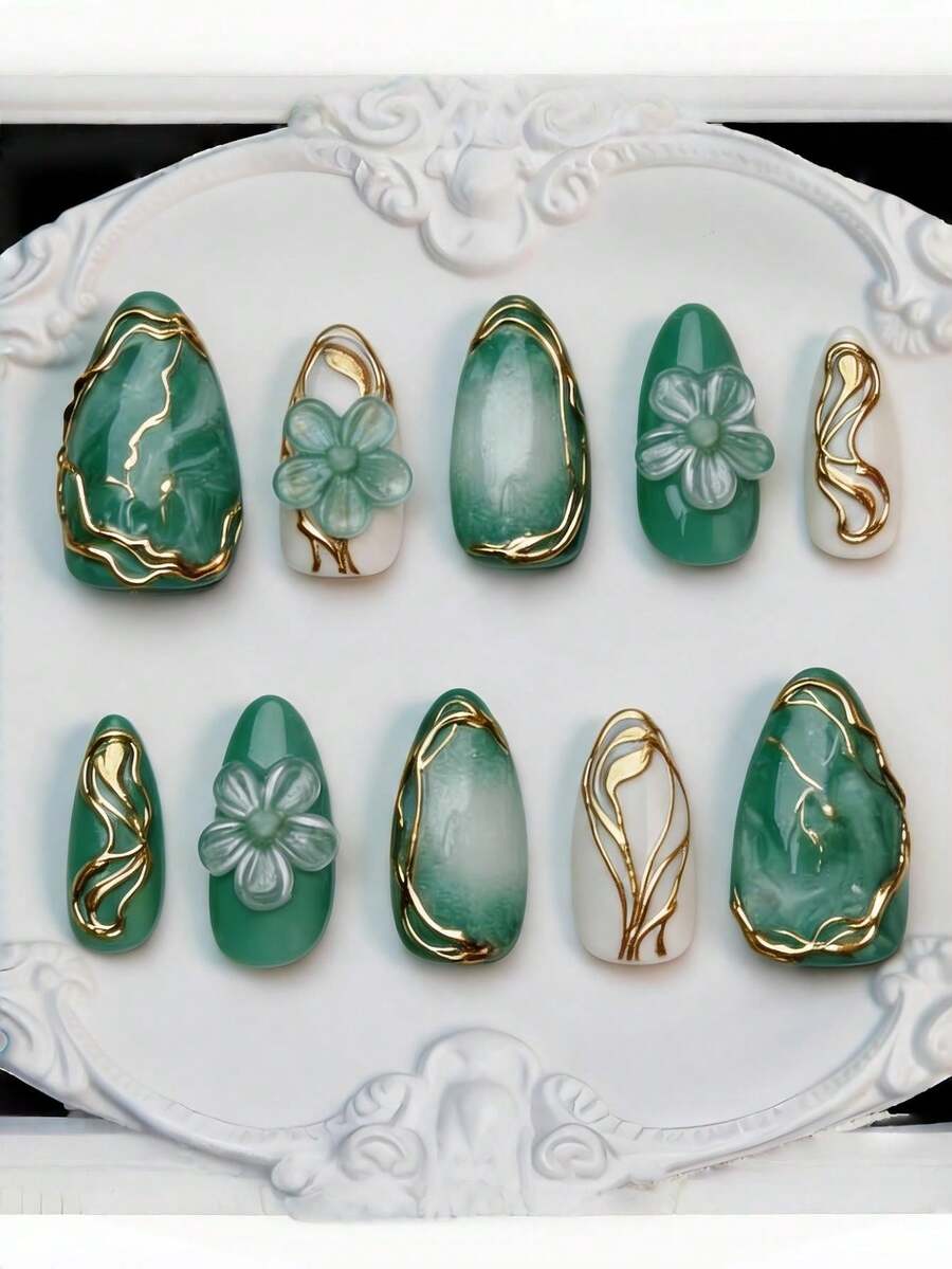 10片裝 3D鍍金浮雕假指甲 Y2K風格 杏仁形美甲用品 - 薄荷綠 - 查看 1