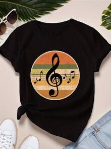úsica negra clave de sol camiseta cómoda para mujer - Negro - Ver 1