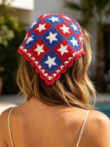 1pc Knitted Pentagram Embroidered Triangle Scarf, Women's Head Wrap, Daily/Travel/Vacation Sun Protection Hair Accessory Vacay Bandanas - Red - View 2