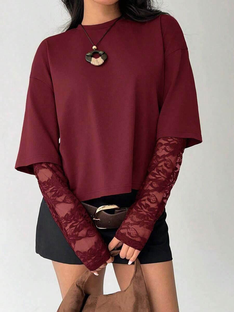 Women's Solid Color T-Shirt With Minimalist Lace Sleeves For Everyday Wear - 波爾多 - 查看 1