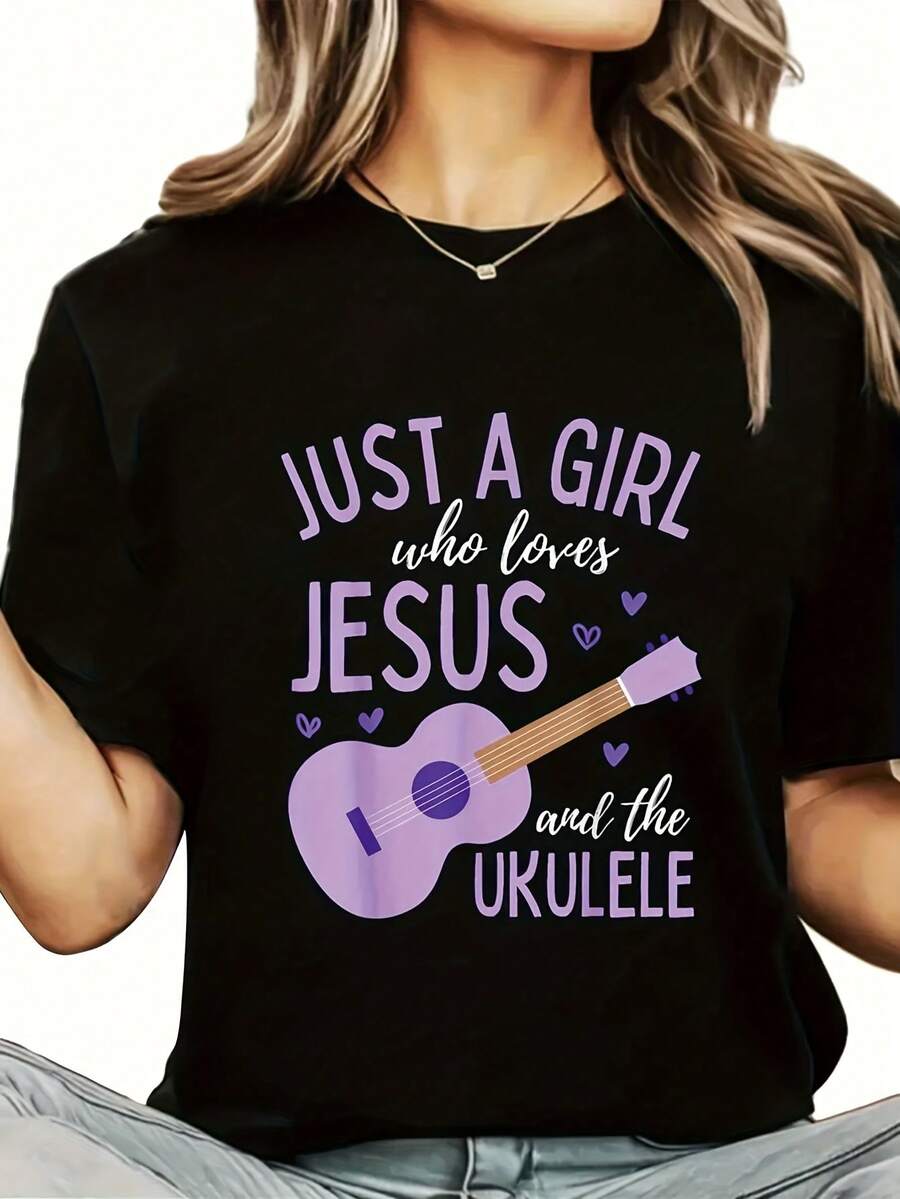 Women's Christian T-Shirt With "Only One Who Loves Jesus And The Ukulele" Print, Round Neck, Short Sleeves And Casual Summer Design - 黑色 - 查看 1