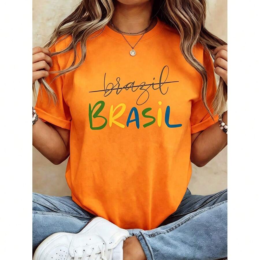 White Brasil Colorful Letter Print T-Shirt, Women Crew Neck Short Sleeve Casual Tee, Brazil National Flag Color Graphic Summer Vacation Loose Fit Top - 橘色 - 查看 1