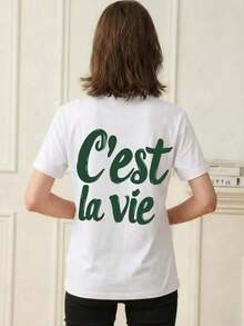 Camiseta de manga corta con cuello redondo y estampado de letras para mujer, adecuada para vacaciones, oficina, uso diario, citas, fiestas, reuniones, calle, carnaval, festivales de música, Día de San Valentín, ocasiones festivas, estilo casual de verano. - Blanco - Ver 2