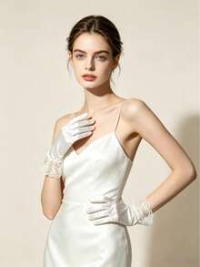 1 Paar weiße Braut-Kurze-Satin-Spitzenbesatz-Einfarbige Handschuhe, geeignet für Hochzeiten, Partys, Autofahren, Alltag - Weiss - View 6