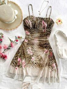 Vestido de tirantes de malla con estampado floral azul y blanco para vacaciones de verano de mujer - Multicolor - Ver 4