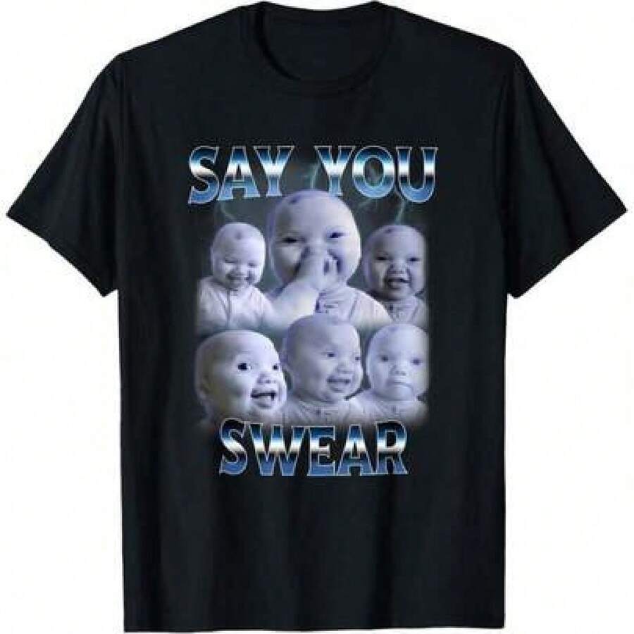 Outfits For Kids? (A) (Only Available For The Short-Sleeved T-Shirt Shown In The Image) "100% Cotton Say You Swear Ai Niche Baby Holding Back Laugh Genz Meme T-Shirt" Children's T-Shirts Made Of 100% Cotton, Comfortable, Breathable And Soft, Suitable For Children Of All Ages. - 黑色 - 查看 1