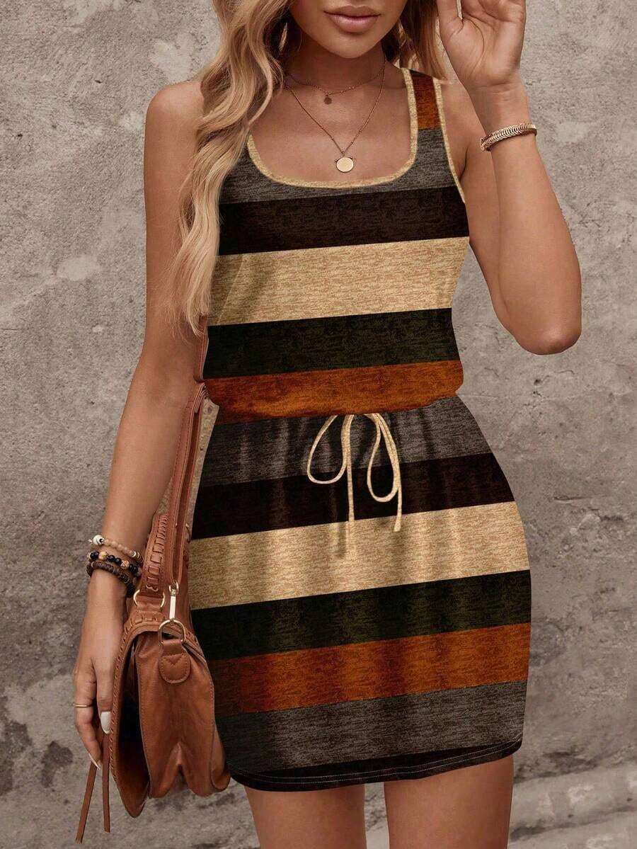 Vestido corto casual de mujer con estampado de rayas de contraste, adecuado para vestido de vacaciones de primavera/verano, vestido elegante para salir, casual - Multicolor 4 - Ver 1