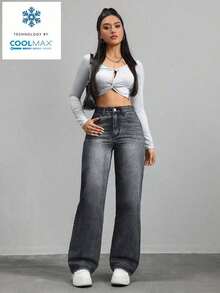 Pantalones vaqueros para mujer de pierna ancha y ajuste holgado con bolsillos para uso diario - Gris - Ver 3