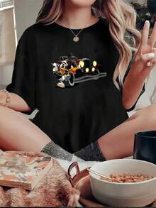 Soft Soft Classic 200G Cartoon Car Print T-Shirt - Perfect Gift For Family And Friends, Fun Clothing For Team-Building Activities, Comfortable Clothing For Everyday Wear On Autumn Holidays, Blouses For Women. - 黑色 - 查看 7