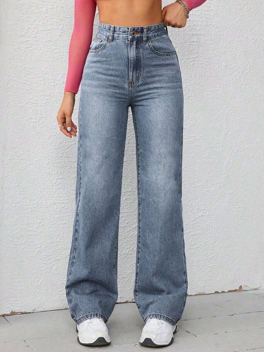 Jeans de mezclilla de unicolor minimalista para uso diario de mujer - Azul lavado medio 3 - Ver 1
