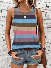 Camiseta de tirantes holgada de verano para mujer, estampado de patrón de correa de mezclilla, elegante y versátil, apta para uso casual, vacaciones y paseos, con un estilo minimalista y retro - Multicolor 13 - Ver 3