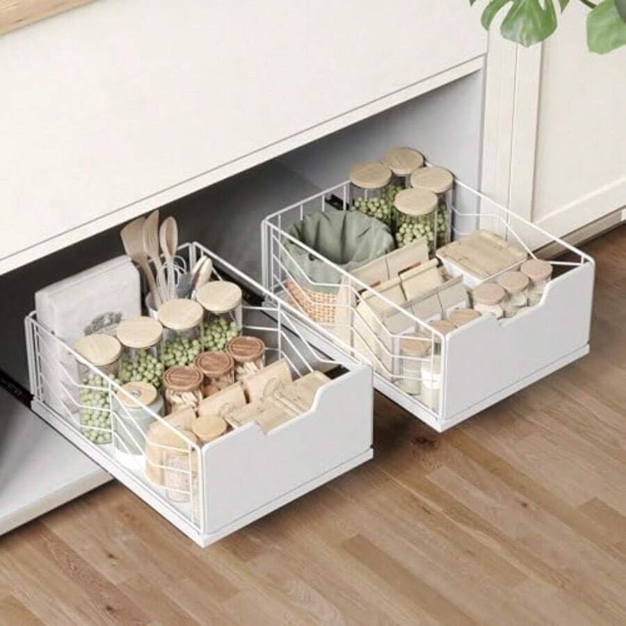 NETEL 2-piezas Organizador de Gabinete Extraíble, Cajones Adhesivos canasta, Organizador de Cocina, Cajones Extraibles para Cocina, Adecuado para cocina/baño, etc, 40 * * 17.5 - Blanco - Ver 1