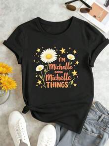 Women's T-Shirt With A Daisy Graphic Print, Perfect For Spring. Made From 100% Cotton, It Features A Round Neck, A Relaxed Fit, And A Comfortable, Urban Hip-Hop Style. Beautiful Blouses, 100% Cotton. - 黑色 - 查看 3