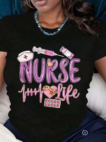 Casual Short-Sleeved T-Shirt With A Graphic Nurse Print Featuring A Syringe, Medicine Bottle, And Cap. Suitable For Nurses And Healthcare Workers. Comfortable Fabric, Perfect As A Gift. Bohemian Style T-Shirt, Women's Blouses - 黑色 - 查看 1