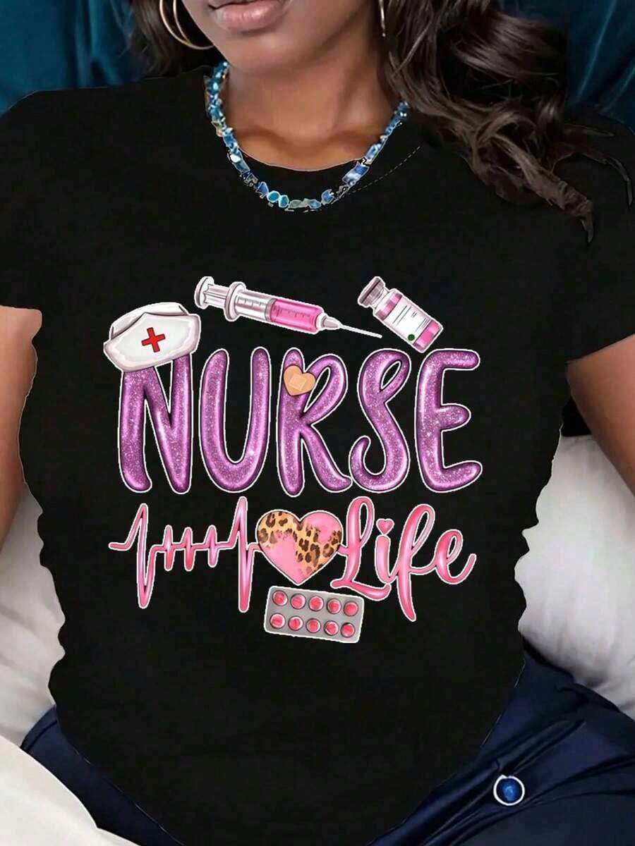 Casual Short-Sleeved T-Shirt With A Graphic Nurse Print Featuring A Syringe, Medicine Bottle, And Cap. Suitable For Nurses And Healthcare Workers. Comfortable Fabric, Perfect As A Gift. Bohemian Style T-Shirt, Women's Blouses - 黑色 - 查看 1