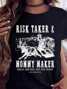 Camiseta con Estampado Occidental "Risk Taker And Mommy Maker" para Mujer, Estilo Cowgirl con Diseño de Montar Toro, "Rompie Su Cama, No Su Corazón", Dirty Cowboy Mfg, Ropa Fresca de Verano para Mujer - Negro - Ver 1