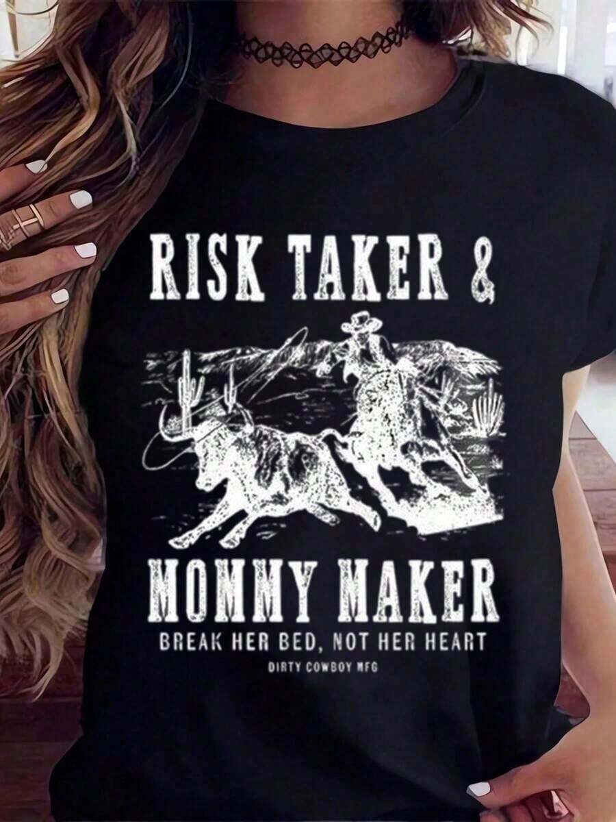 Camiseta con Estampado Occidental "Risk Taker And Mommy Maker" para Mujer, Estilo Cowgirl con Diseño de Montar Toro, "Rompie Su Cama, No Su Corazón", Dirty Cowboy Mfg, Ropa Fresca de Verano para Mujer - Negro - Ver 1