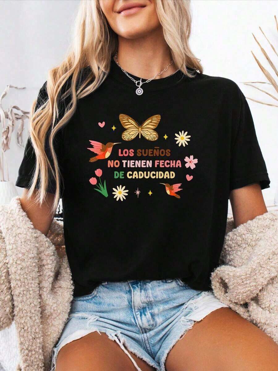 Soft 100% Cotton T-Shirt, 100% Pure Cotton, New Summer Style, Casual Short-Sleeve Crew Neck T-Shirt For Women, Spring/Summer, With Spanish Alphabet Print. | Medium Stretch Fabric. Machine Washable. A Great Gift For Family, Siblings, Friends, Parents, Or Teachers. Breathable Cotton T-Shirt, Goes With Everything. - 黑色 - 查看 1