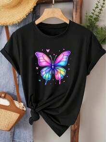 Soft, Women's T-Shirt With Butterfly Print, Breathable, Round Neck, Casual Blouse With Stretch Fabric, Suitable For Daily Wear, Machine Washable, Everyday Basic, Casual Round Neck T-Shirt For All Seasons, Durable Print With Festive Motifs. - 黑色 - 查看 1