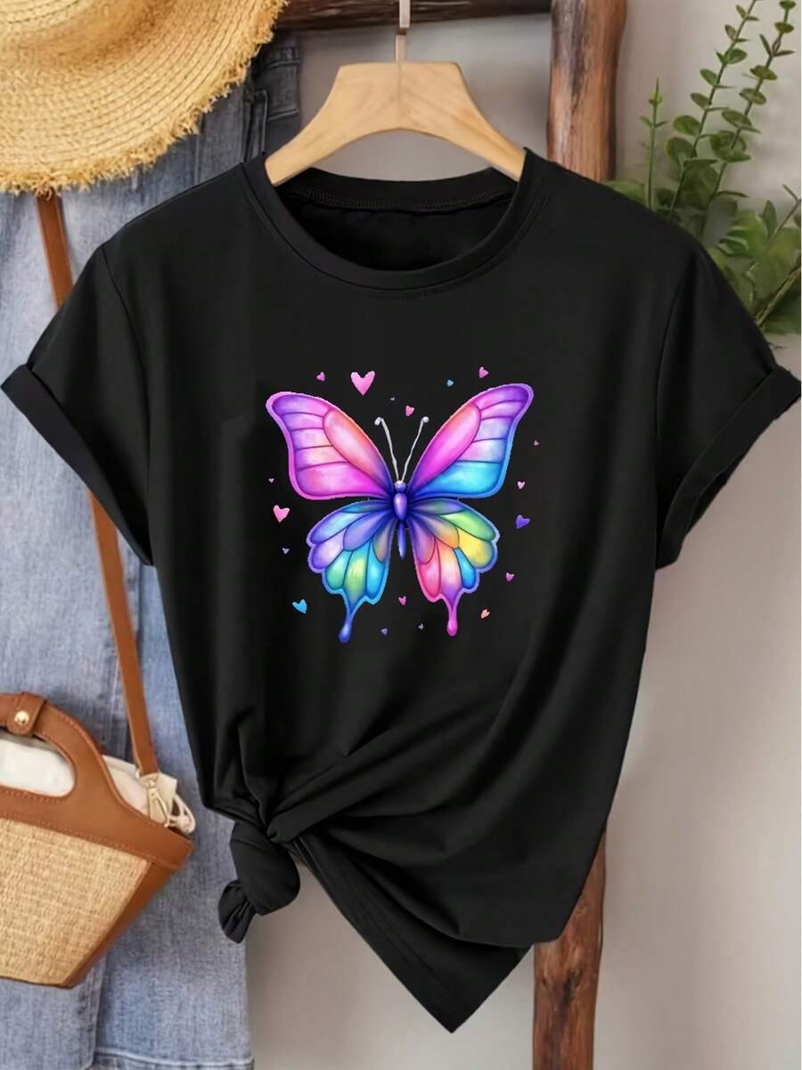 Soft, Women's T-Shirt With Butterfly Print, Breathable, Round Neck, Casual Blouse With Stretch Fabric, Suitable For Daily Wear, Machine Washable, Everyday Basic, Casual Round Neck T-Shirt For All Seasons, Durable Print With Festive Motifs. - 黑色 - 查看 1