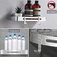Organizador de Baño Montado en la Pared con 3 Estantes sin Perforaciones y 6 Ganchos a Prueba de Óxido Adecuado para el Baño la Cocina y el Aseo Plata - como en la imagen - Ver 4