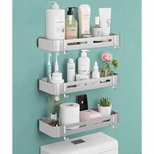 Organizador de Baño Montado en la Pared con 3 Estantes sin Perforaciones y 6 Ganchos a Prueba de Óxido Adecuado para el Baño la Cocina y el Aseo Plata - como en la imagen - Ver 8