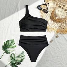Nuevo bikini de dos piezas de color sólido con frunces, cintura alta y un solo hombro. - Blanco - Ver 8
