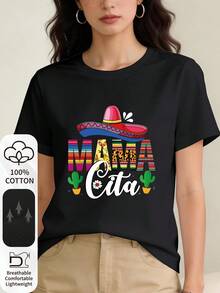 Camiseta de mujer 100% algodón, estampada con las palabras "MAMA Cita" y un diseño de sombrero y cactus de estilo mexicano. Cuello redondo, manga corta, cómoda y transpirable para el uso diario en verano. Ropa de verano para mujer. Camisetas para mujer. - Blanco - Ver 7
