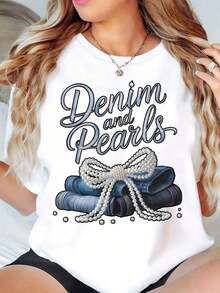 New Arrivals For Summer.Women's T-Shirt Round Neck Denim And Pearls Graphic Print Casual Summer TopBlouse,Shirt > Beautiful. - 白色 - 查看 1