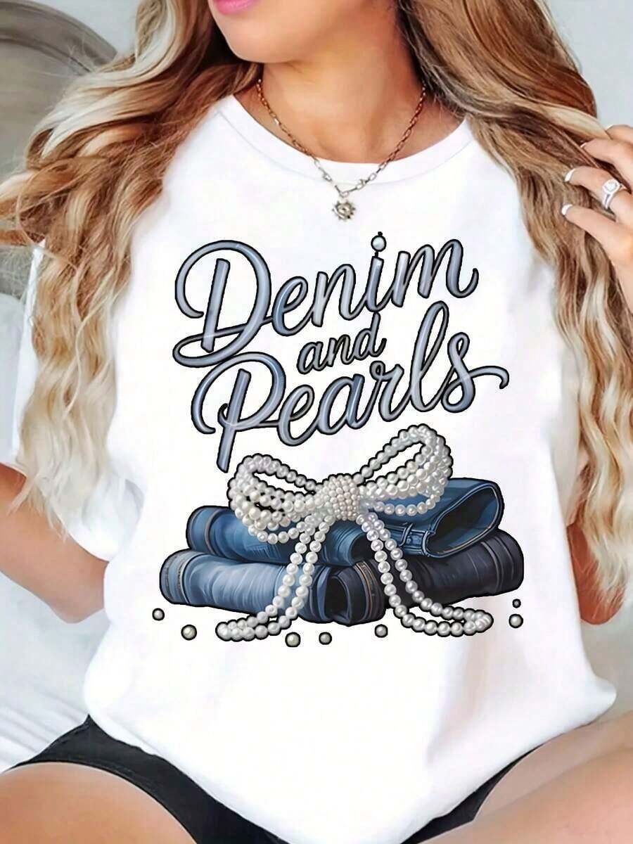 New Arrivals For Summer.Women's T-Shirt Round Neck Denim And Pearls Graphic Print Casual Summer TopBlouse,Shirt > Beautiful. - 白色 - 查看 1