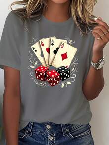 Women's T-Shirt - Pure Cotton Women's T-Shirt With Dice And Card/Number Designs (Four Aces, 3, 2, 1) - Casual Gaming-Themed Clothing, Machine Washable And Comfortable, Suitable For Poker Parties And Everyday Wear - Fitted T-Shirts For Women - 白色 - 查看 9