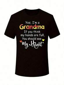 Plus Size Granny Print T-Shirt, Casual Short Sleeve Top For Spring And Summer, Plus Size Women's Clothing, Cotton T-Shirt. - 黑色 - 查看 4