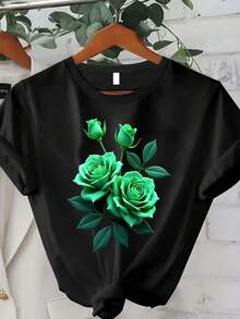 Plus Size - Plus Size -  Green Rose Floral Print T-Shirt For Plus-Size Women, Perfect For Casual Summer Wear. This Graphic Print Top Features A Crew Neck And Short Sleeves, Making It Ideal For Both Summer And Fall. A Great Thanksgiving Gift Idea! - 黑色 - 查看 1