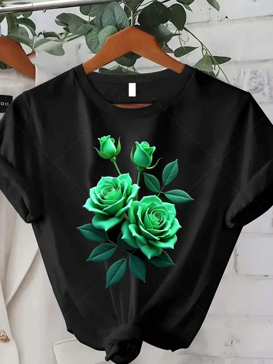Plus Size - Plus Size - Green Rose Floral Print T-Shirt For Plus-Size Women, Perfect For Casual Summer Wear. This Graphic Print Top Features A Crew Neck And Short Sleeves, Making It Ideal For Both Summer And Fall. A Great Thanksgiving Gift Idea! - 黑色 - 查看 1