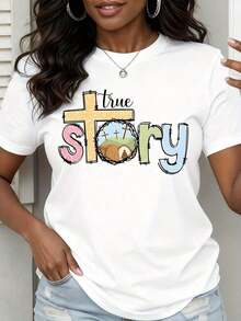 "True Story" T-Shirt With Christian Cross And Easter Resurrection - White - View 1