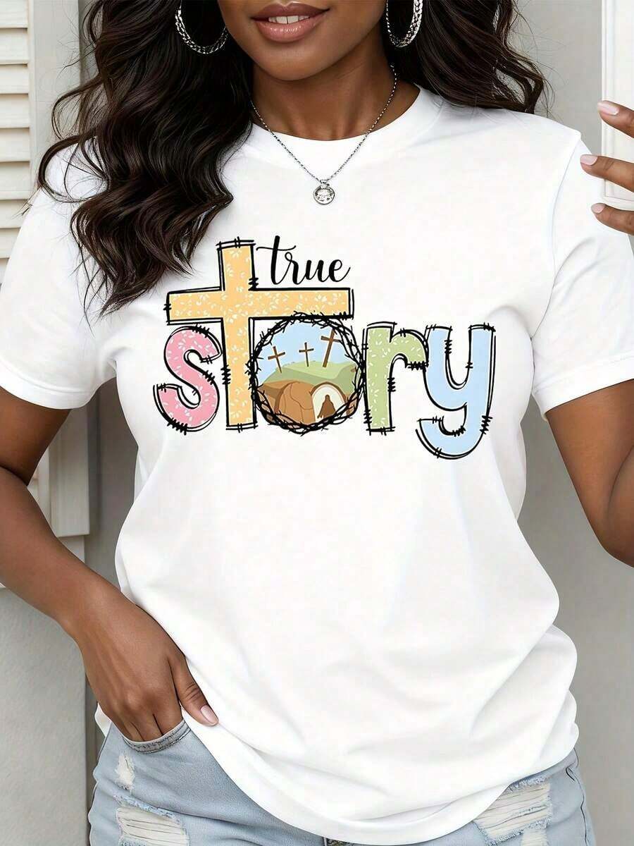 "True Story" T-Shirt With Christian Cross And Easter Resurrection - White - View 1