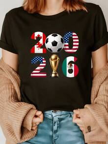 Flags Of Canada, The United States, And Mexico, Along With A Ball And Trophy, Symbolize Passion For Soccer, Unity, And Continental Pride. A Modern, Casual Women's T-Shirt For Sports Fans. - 黑色 - 查看 1