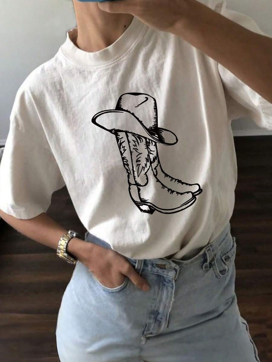 Playera Blanca Mujer Estilo Western Estampado Botas Vaqueras con Sombrero - Casual Verano - Blanco - Ver 1