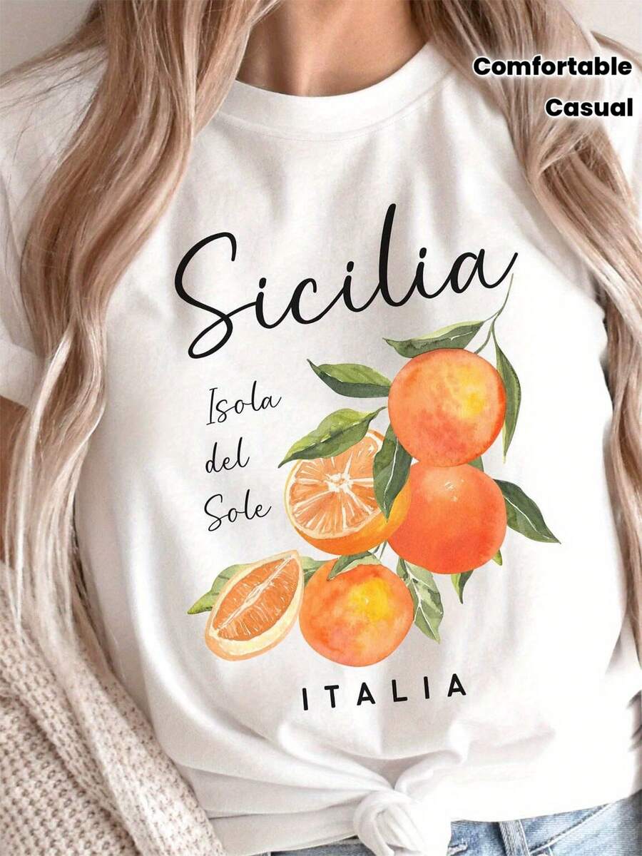 Women's Loose-Fitting, Casual, Pure Cotton T-Shirt With A Print, Featuring "Sicily Island Of The Sun ITALY" Text, A Round Neck, Suitable For Spring And Summer, Perfect For Casual Outings And As A Holiday Gift, Ideal For Gatherings With Friends, With A Regional Charm, Watercolor Oranges Combined With Text, Showcasing The Ease And Regional Characteristics Of Sicily. - 白色 - 查看 1