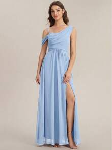 EVERPRETTY Váy phù dâu trễ vai xếp ly bằng chiffon - Màu xanh nhạt - Xem 5
